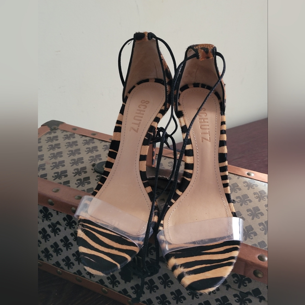 SCHUTZ Sandstone Animal Print Lace-Up Heels Sz 7.5 Calf Pony Hair - Picture 6 of 13